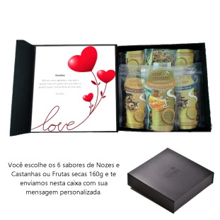 Kit Caixa com 06 Nozes/Castanhas Dona Castanha 160g e contra capa adesivada dia dos namorados personalizada